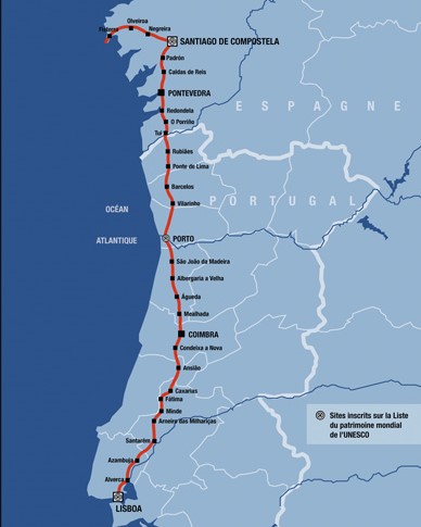 Voie de Compostelle - La Via Lusitana relie Lisboa à Santiago passant par Coimbra, Porto et Pontevedra. Elle suit le Tage jusqu'à Santarem.