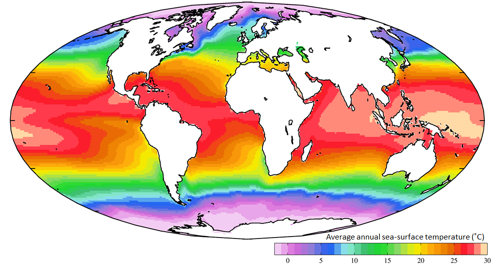 Water temperature at ocean surface over the planet earth