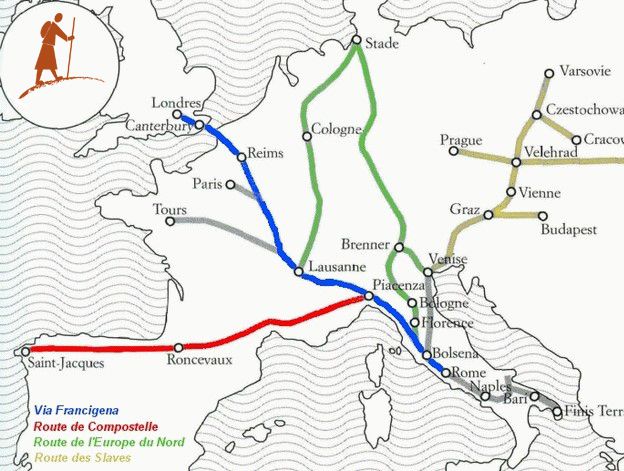 Deux voies de pèlerinage traversent la France en direction de Rome. La plus connue est celle au départ de Canterbury empruntée par l’archevêque Sigéric (bleue). Une autre voie relie Rome à St Jacques de Compostelle par le sud de la France (rouge).