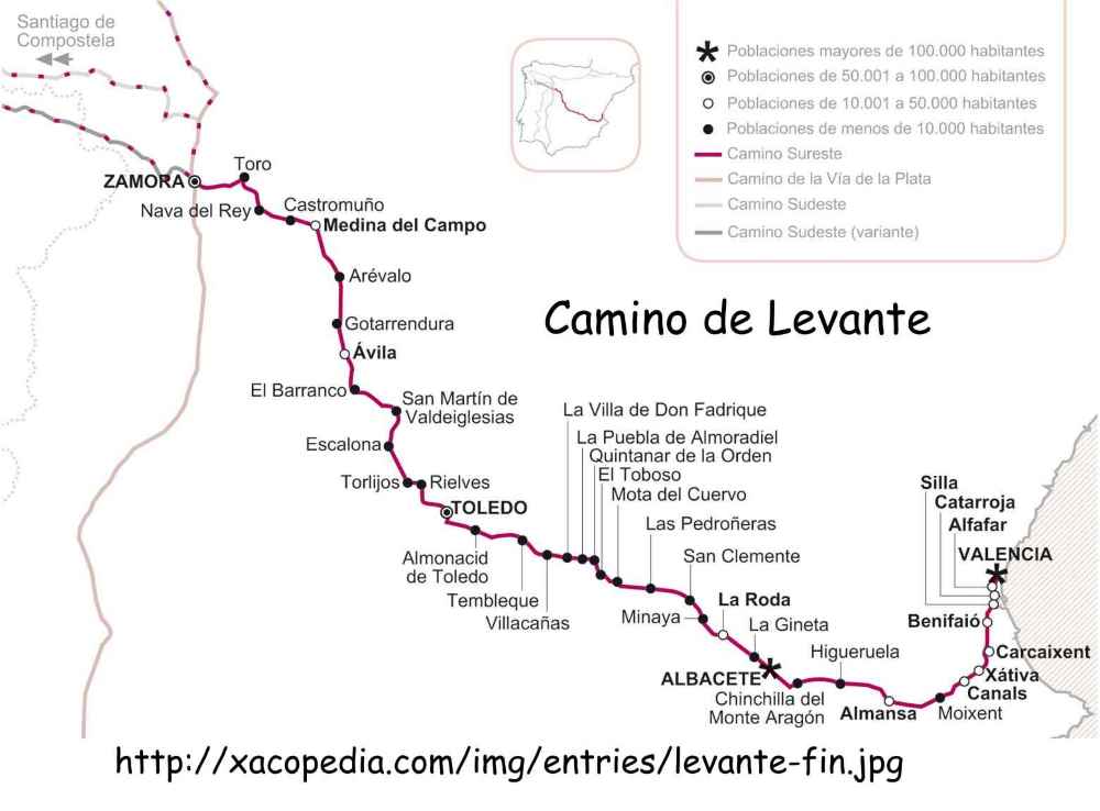 Le camino de Levante fait passer par Xativa, Almansa, Chinchilla, Albacete, San Clemente, El Toboso, Tembleque, Toledo, Avila, Medina del Campo et Zamora.