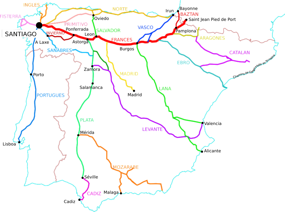 En Espagne, nombreux sont les chemins de Compostelle empruntés par les pèlerins, entre autres, les caminos / vias Francès, Norte, La Plata, Mozarabe, Lana, Catalan, Ebro et Levante.